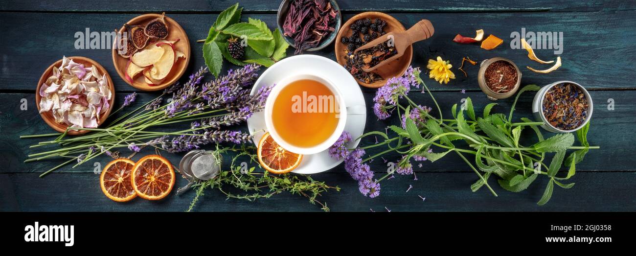 Tea panorama. Herbs, flowers and fruit around a cup of tea, an overhead flat lay shot on a dark rustic wooden background Stock Photo