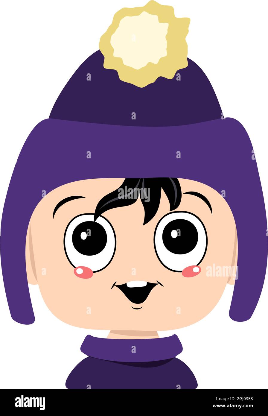 Head of adorable baby with happy emotions. Avatar of a child with big eyes and a wide smile in a violet hat with a pompom. A cute kid with a joyful face in an autumnal or winter headdress Stock Vector