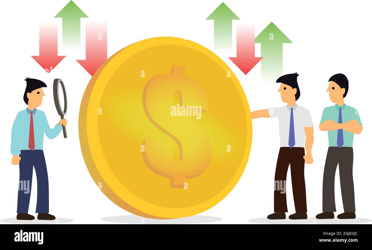 Giant coin surround by businessmen with up and down arrows. Concept of ...