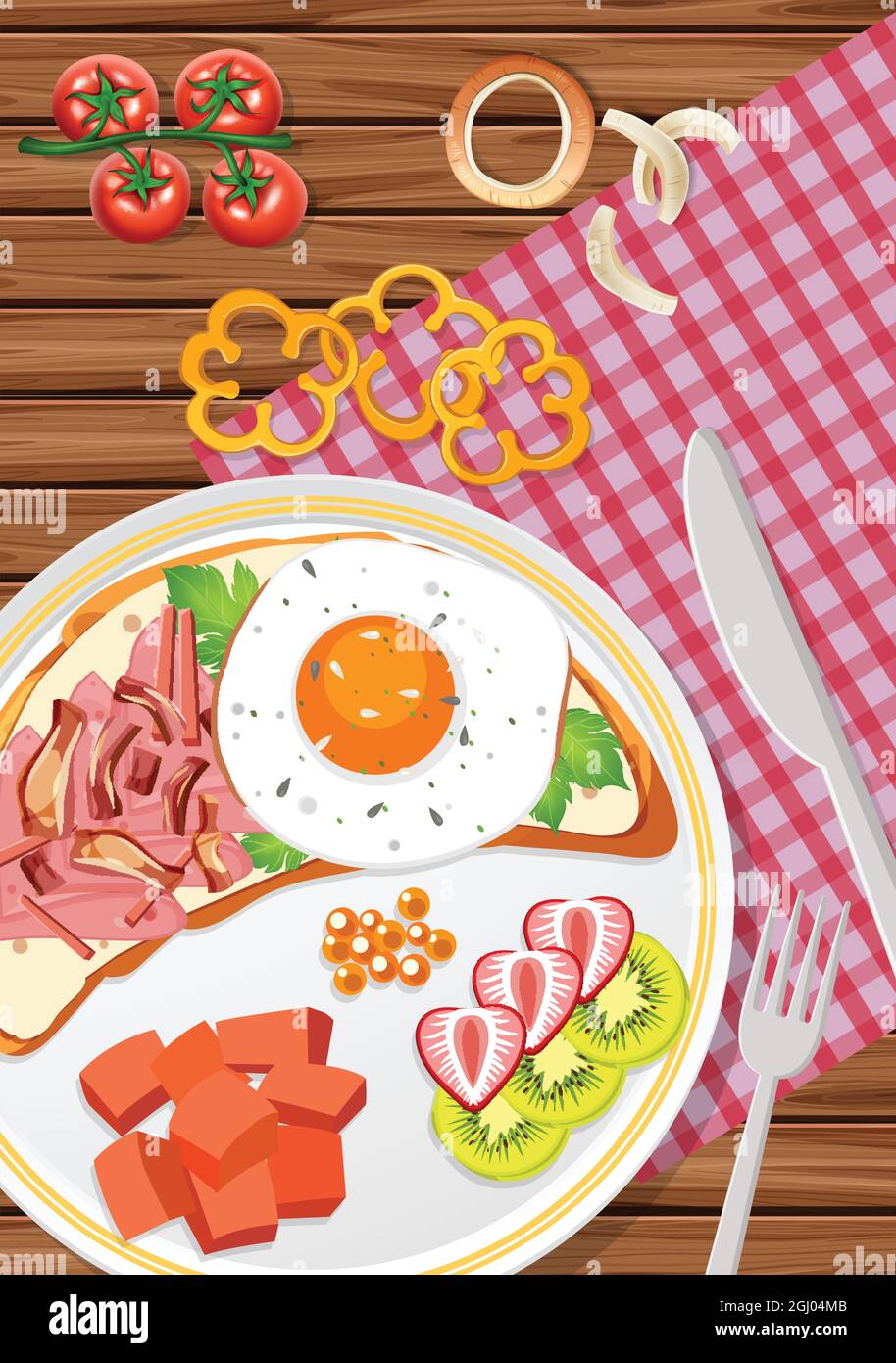 Top view of breakfast set in a dish on the table illustration Stock ...