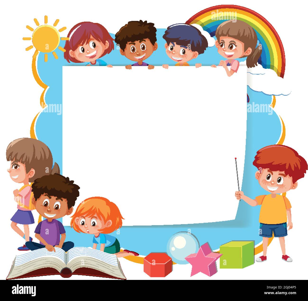 Frame template with school kids cartoon character illustration Stock ...