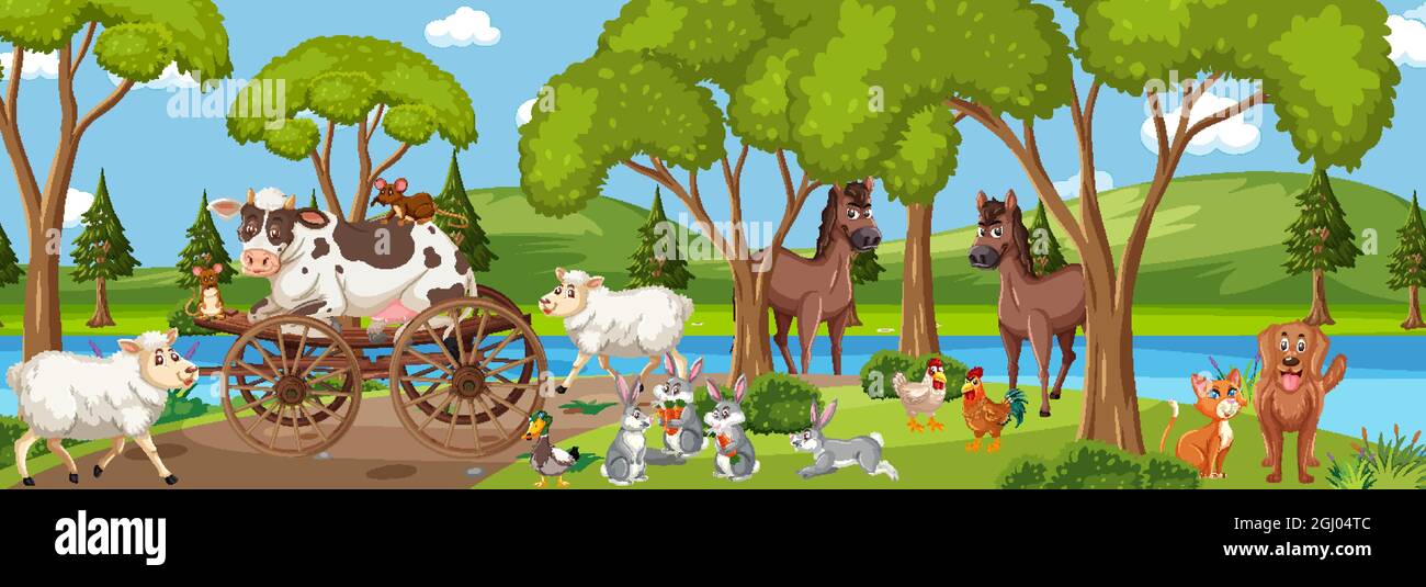 Panorama landscape scene with various farm animals in the forest ...