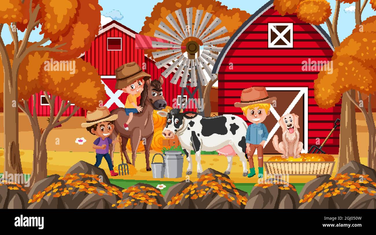 Farm scene with many kids cartoon character and farm animals ...