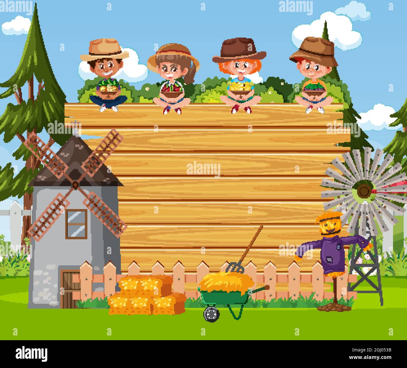 Empty wooden board with farmer kids at the farm scene illustration ...