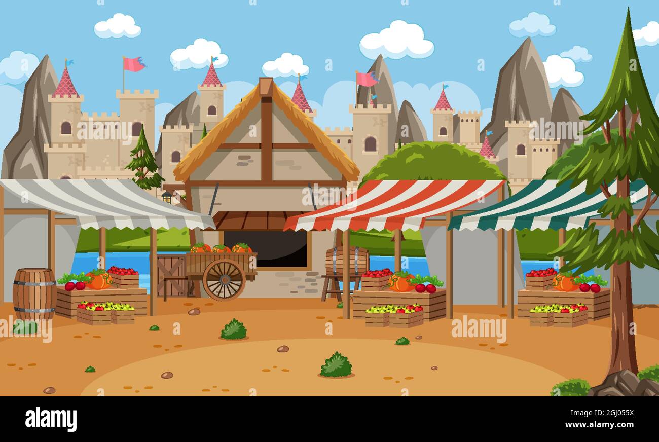 Medieval town scene with market place illustration Stock Vector Image ...