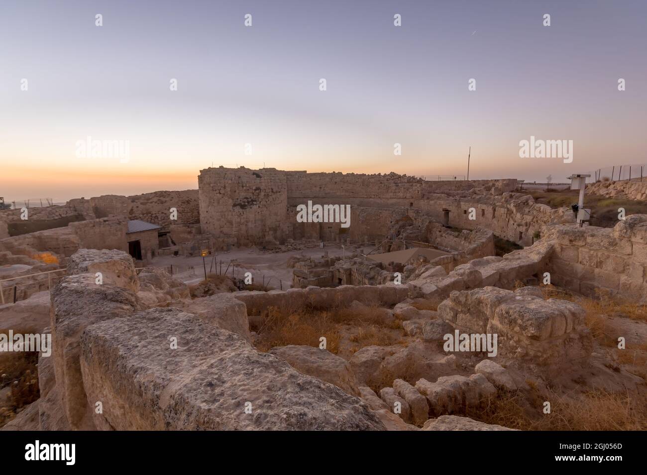 Sunrise view of the Upper Herodium Fortress and Palace (National Park), in the West Bank, South of Jerusalem Stock Photo