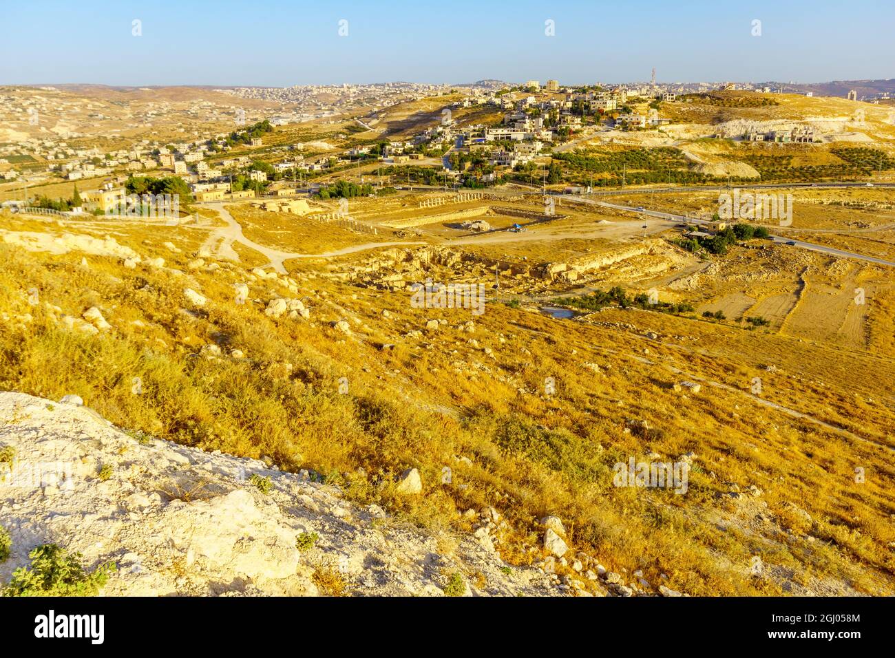 View towards the lower Herodium, the Judaean desert and Palestinian villages. The West Bank, South of Jerusalem Stock Photo
