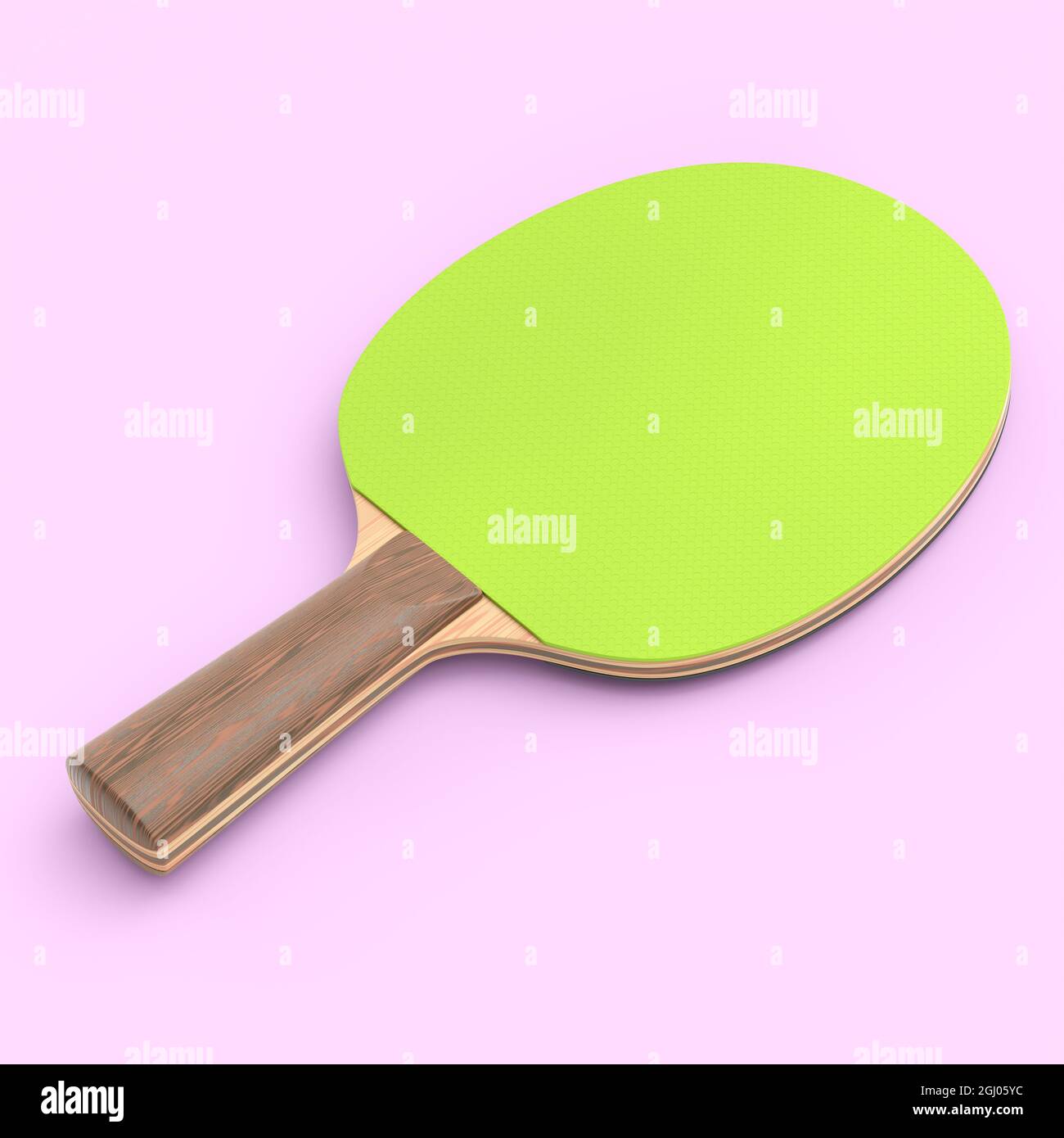 Green ping pong racket for table tennis isolated on pink background. 3d render of sports equipment for active training Stock Photo