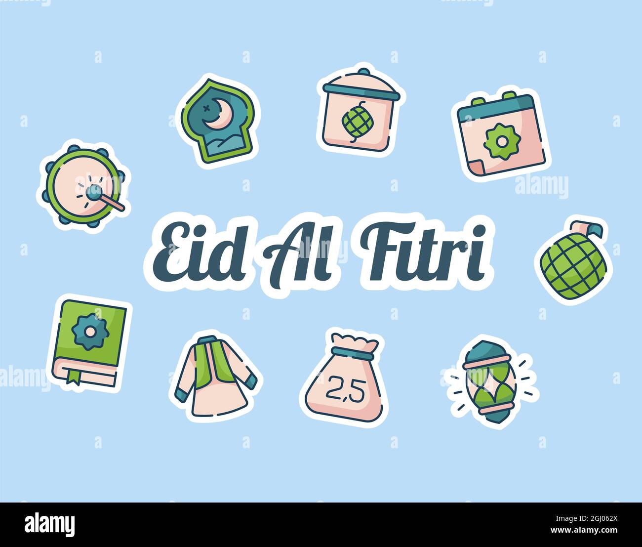 eid al fitri lettering around set icons package blue isolated background with modern flat cartoon style vector design illustration Stock Photo