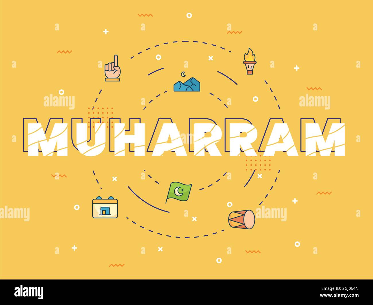 muharram around set icons package orange isolated background with modern flat cartoon style vector design illustration Stock Photo
