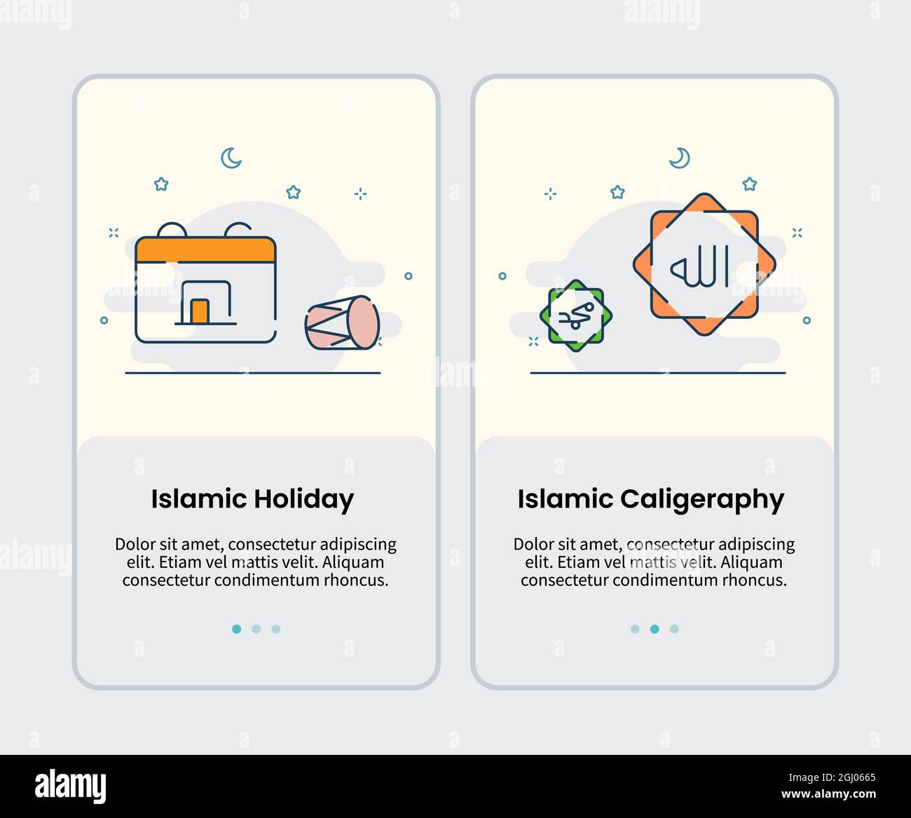 islamic holiday and islamic caligraphy icons onboarding template for mobile ui user interface app application design vector illustration Stock Photo