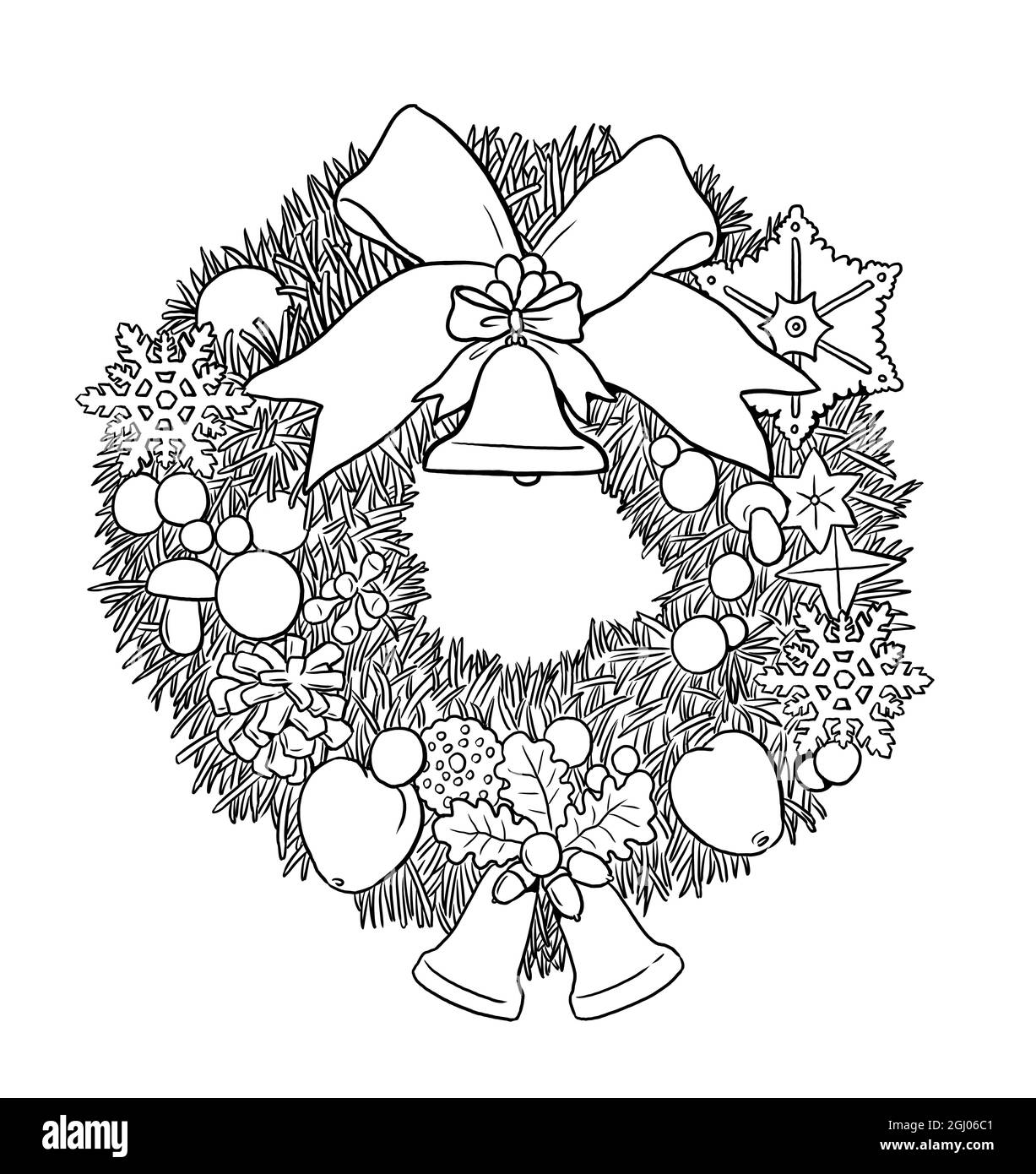 Christmas wreath and christmas bell. Christmas template for coloring. Stock Photo