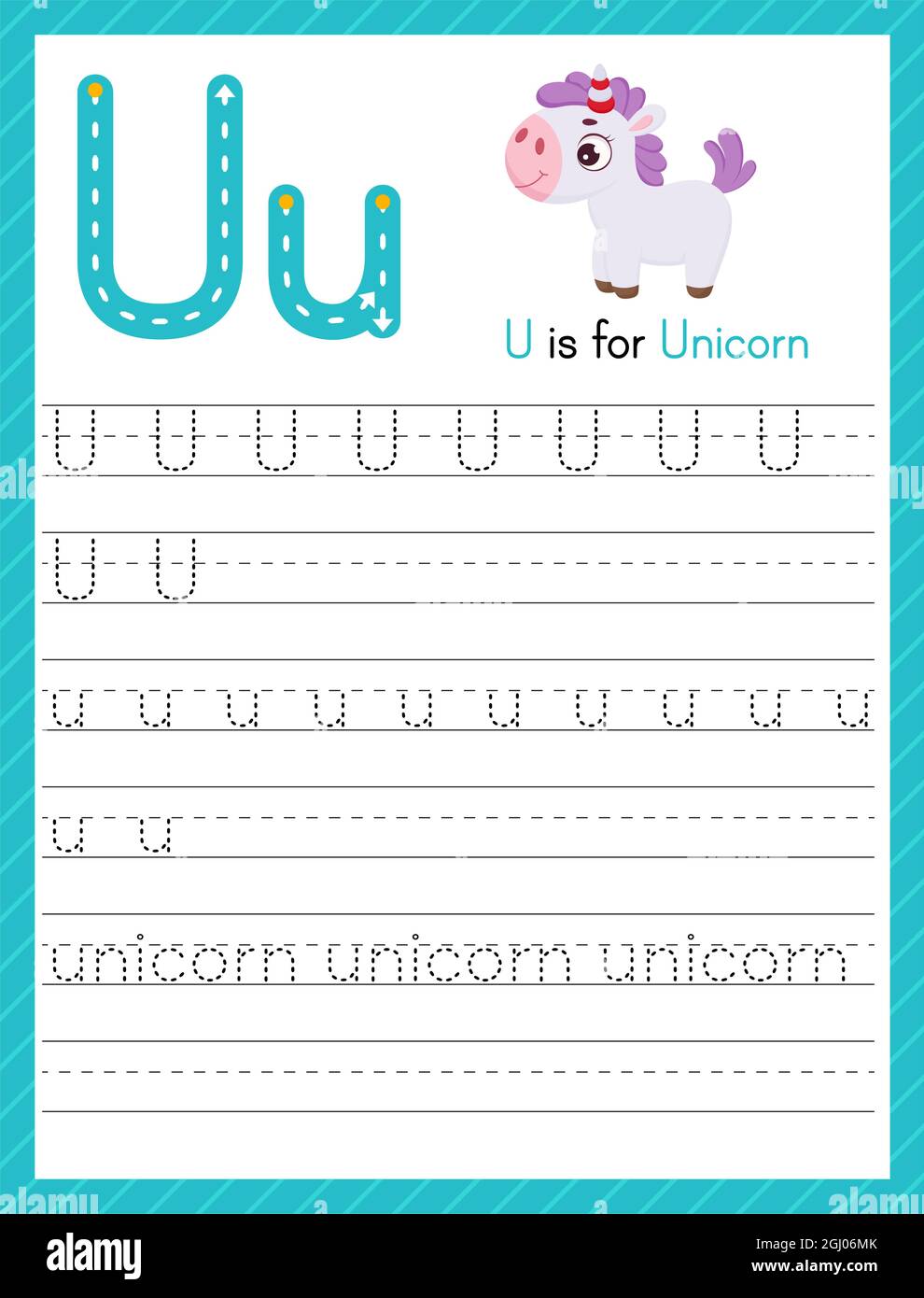 trace letter u uppercase and lowercase alphabet tracing practice preschool worksheet for kids learning english with cute cartoon animal activity pag stock vector image art alamy