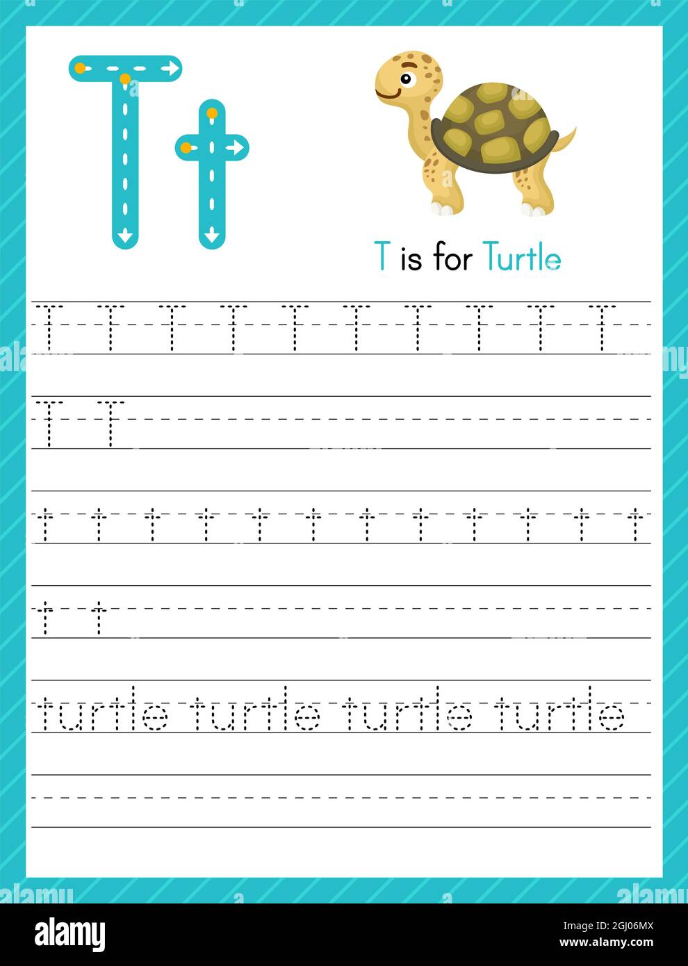 trace letter t uppercase and lowercase alphabet tracing practice preschool worksheet for kids learning english with cute cartoon animal activity pag stock vector image art alamy