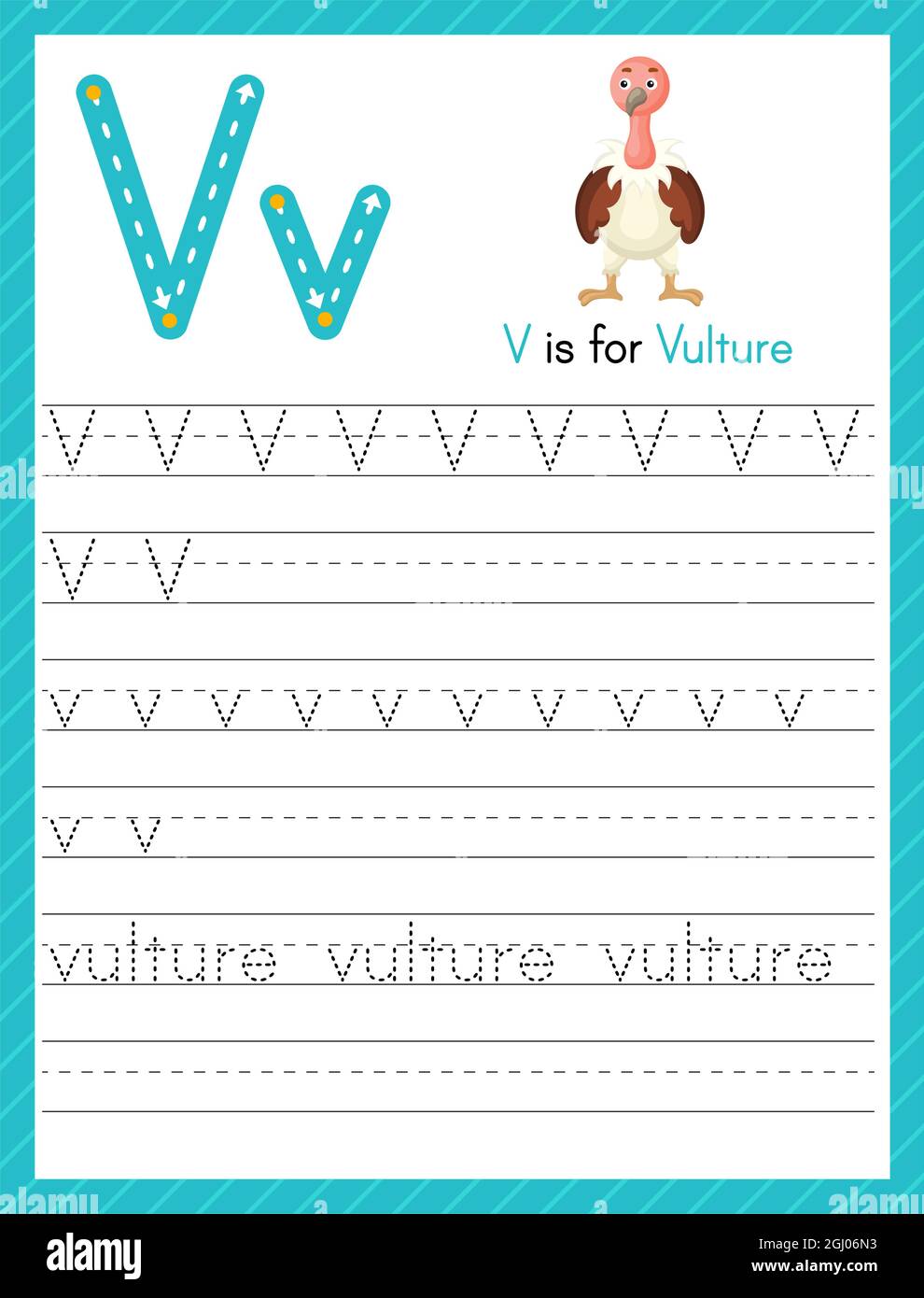 trace letter v uppercase and lowercase alphabet tracing practice preschool worksheet for kids learning english with cute cartoon animal activity pag stock vector image art alamy
