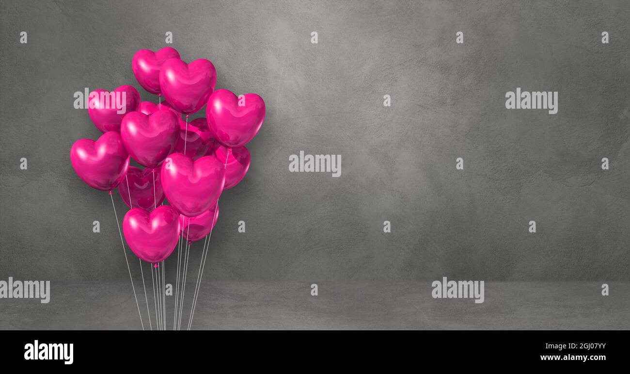 Pink heart shape balloons bunch on a grey wall background. Horizontal ...