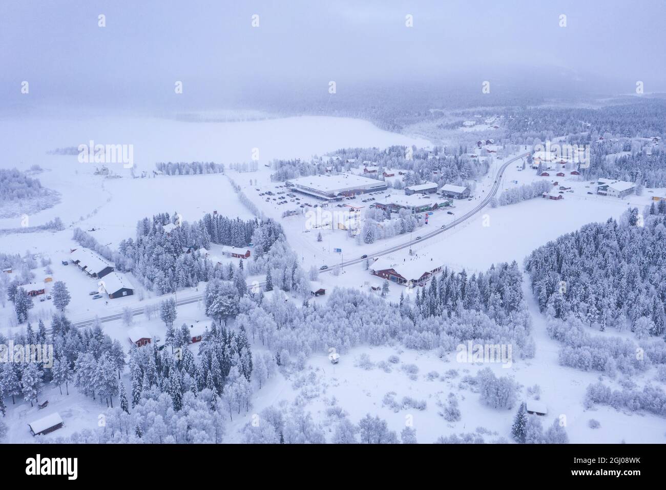 Town of Akaslompolo winter blizzard Stock Photo