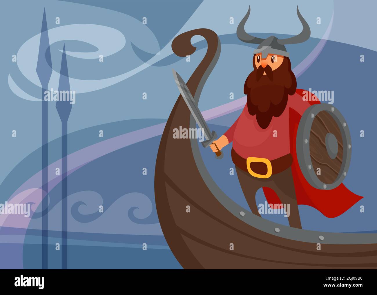 Viking banner with warrior on ship. Scandinavian placard design in cartoon style. Stock Vector