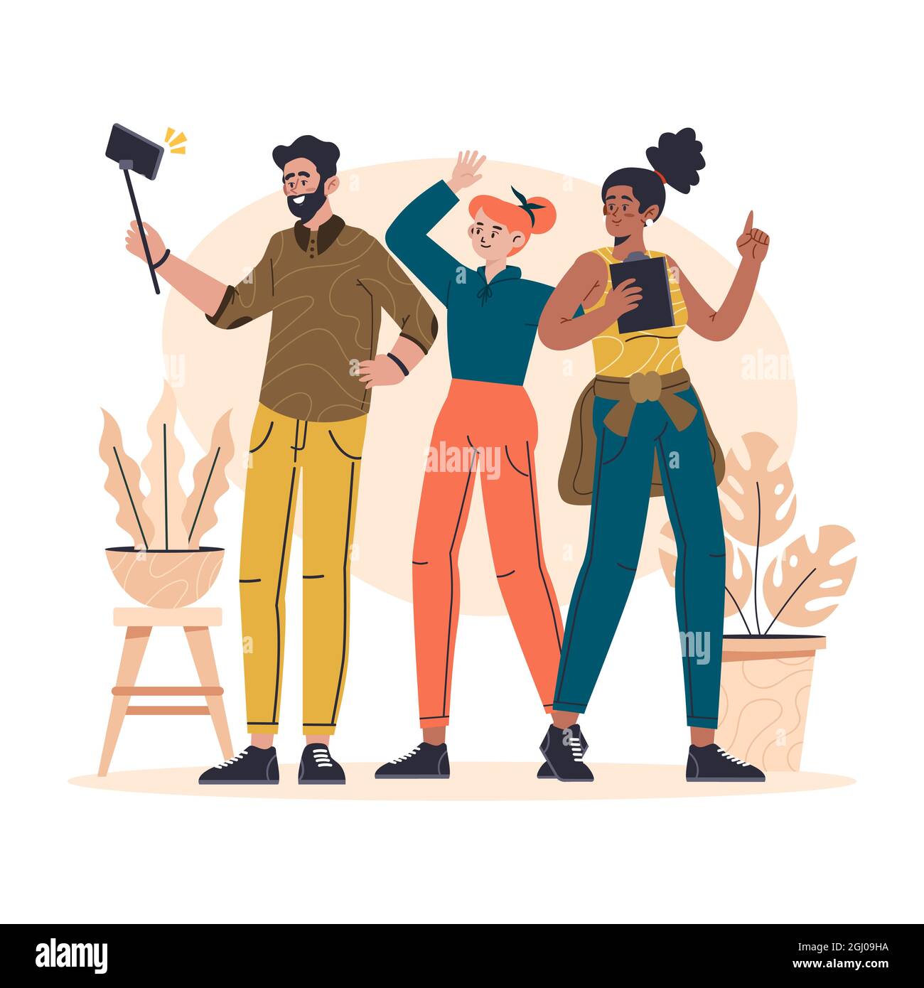 Hand drawn people taking photos with smartphone Vector illustration. Stock Vector