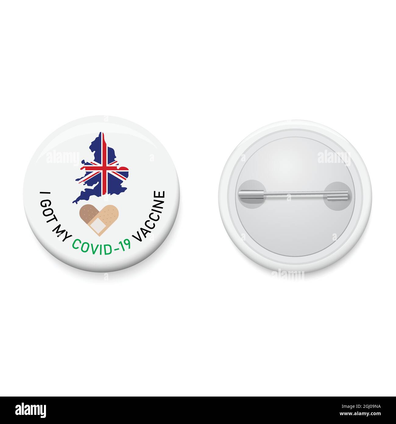 White button badge with text campaign I GOT MY COVID-19 VACCINE and England map. Realistic pin button. Vector and illustration design. Stock Vector