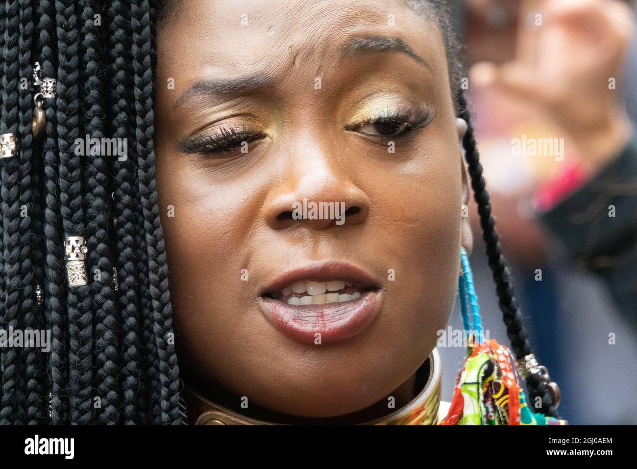 Marvina Newton - co-founder of Black Lives Matter - speaking at an XR protest outside the Bank of England, 27th August 2021. Stock Photo