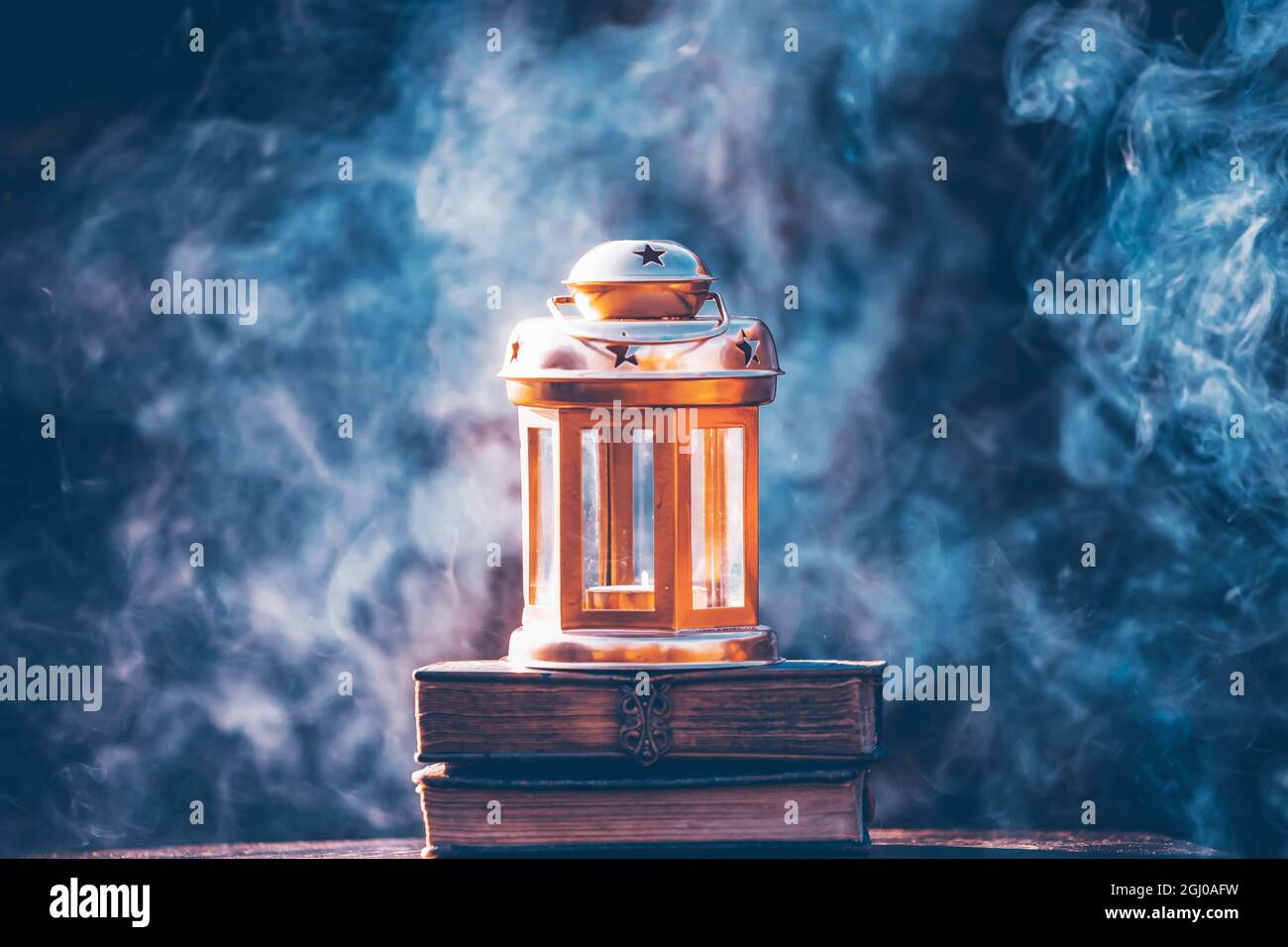 Ornamental Arabic lantern in smoke. Festive greeting card for Muslim ...