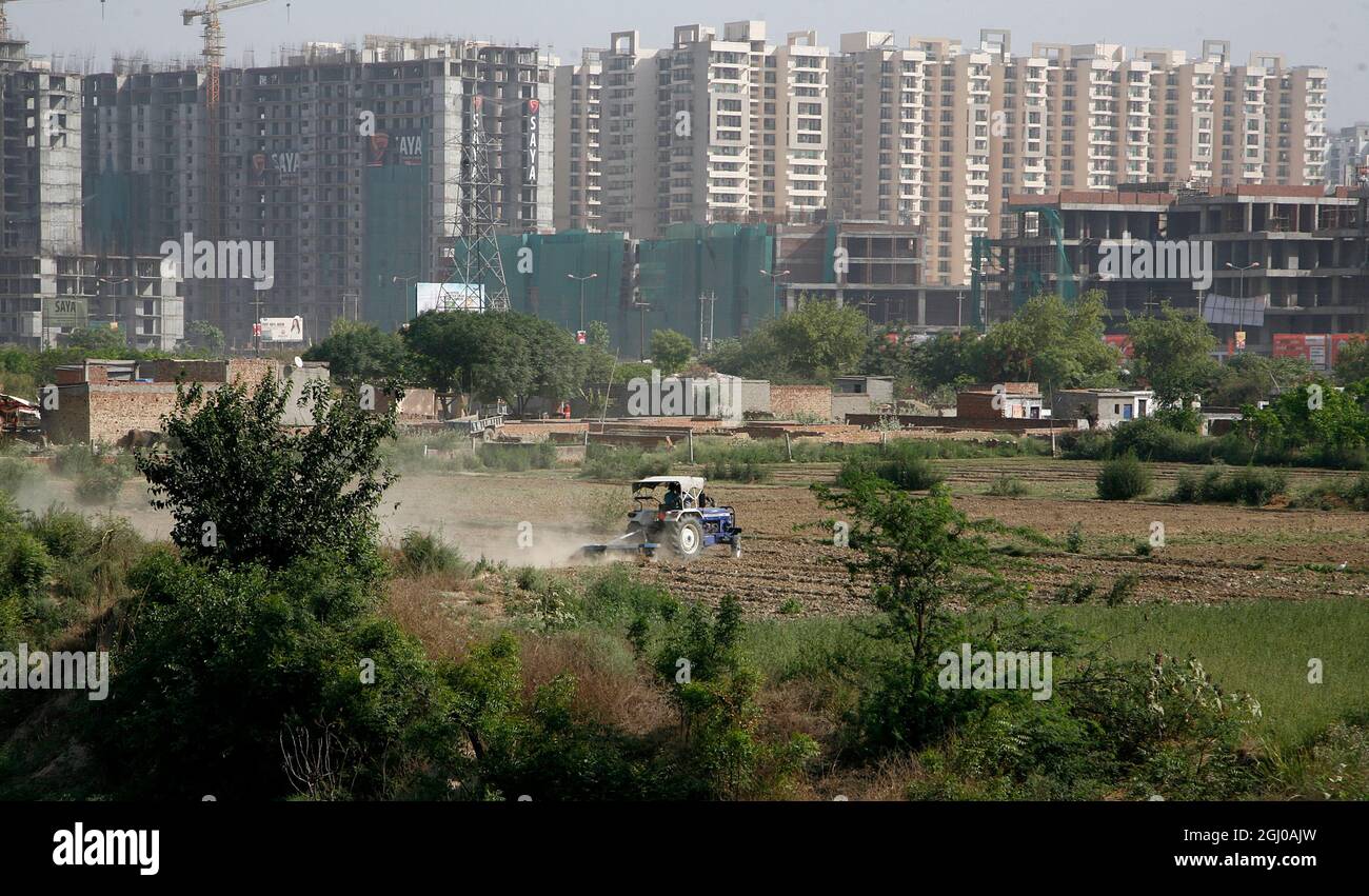 A view of a construction site of residential apartment in Greater Noida Delhi NCR, India. Stock Photo