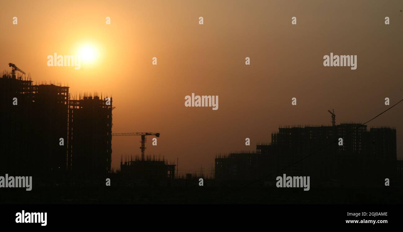 A view of a construction site of residential apartment in Greater Noida Delhi NCR, India. Stock Photo