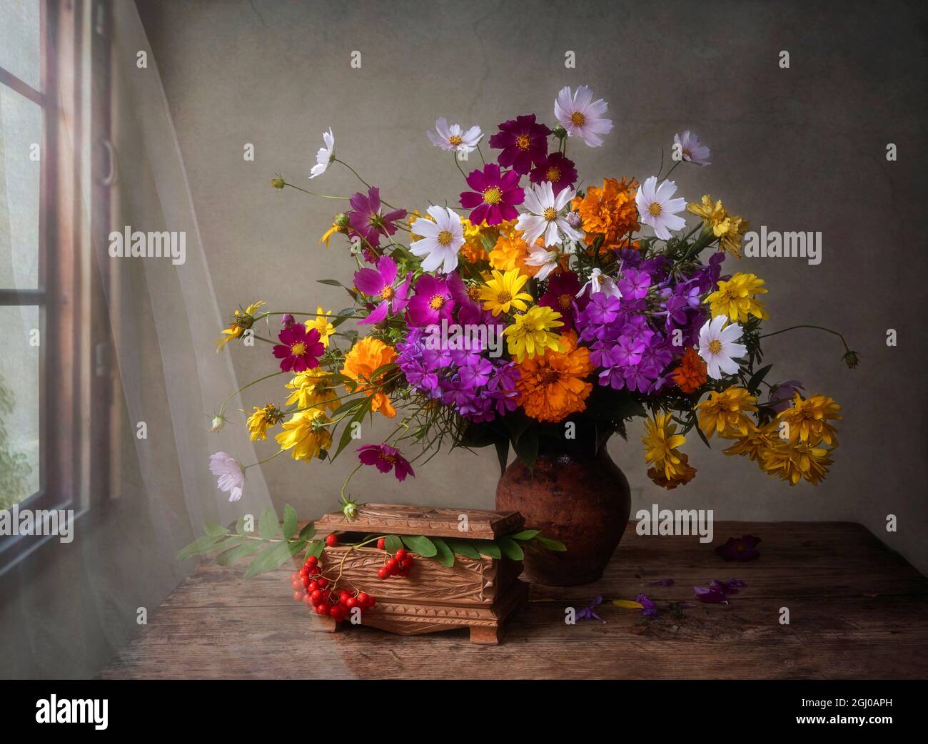 Still life with bouquet of autumn flowers and rowan berry Stock Photo ...