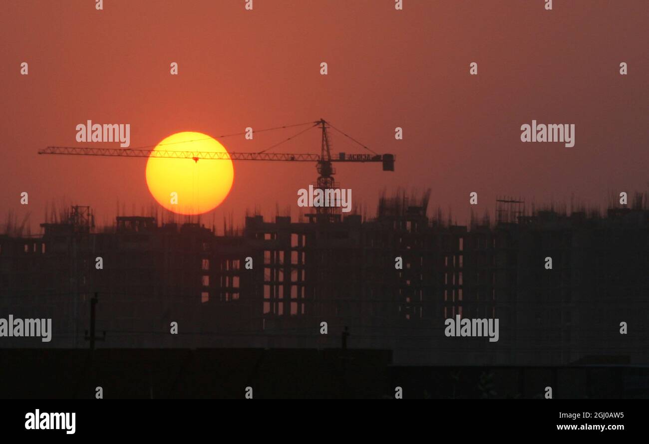 A view of a construction site of residential apartment in Greater Noida Delhi NCR, India. Stock Photo