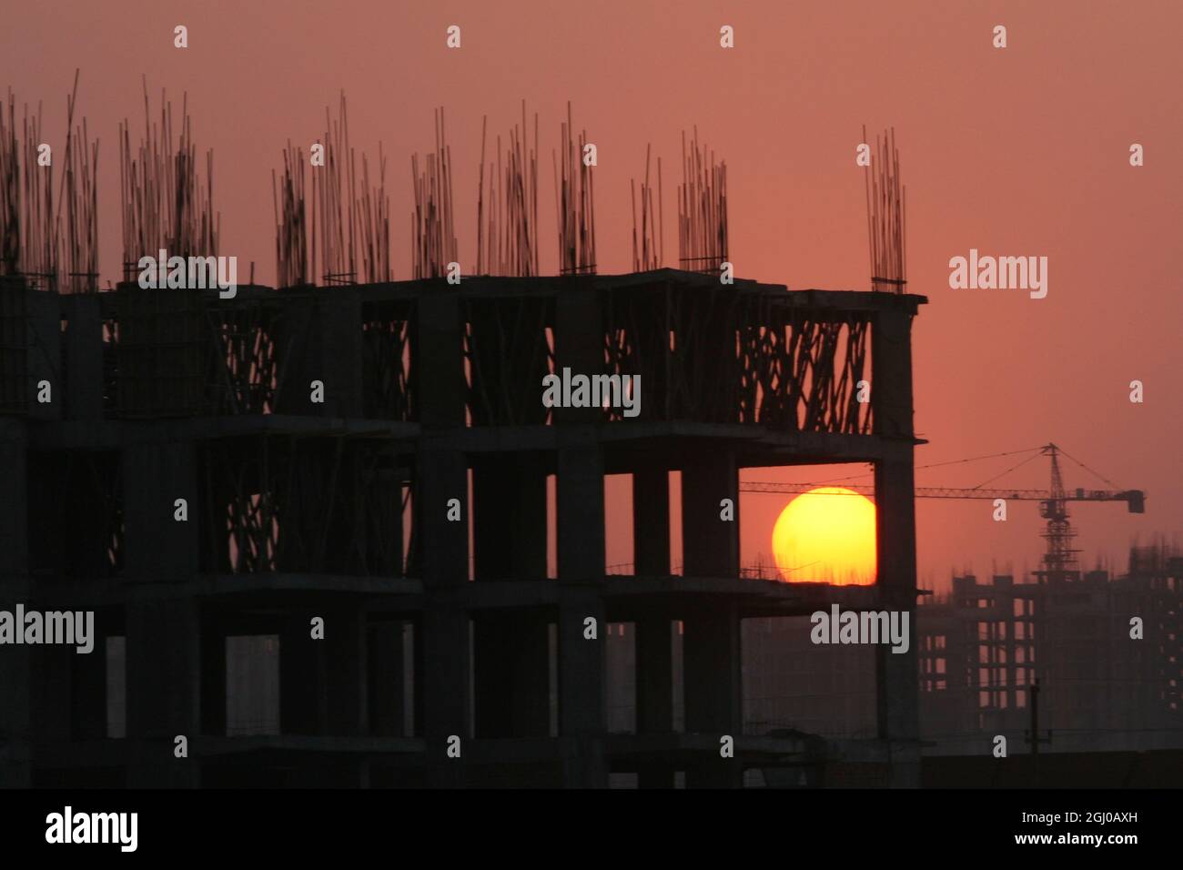 A view of a construction site of residential apartment in Greater Noida Delhi NCR, India. Stock Photo