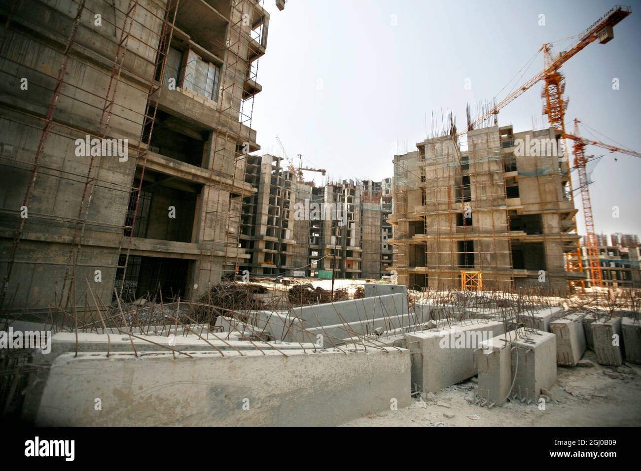 A view of a construction site of residential apartment in Greater Noida Delhi NCR, India. Stock Photo