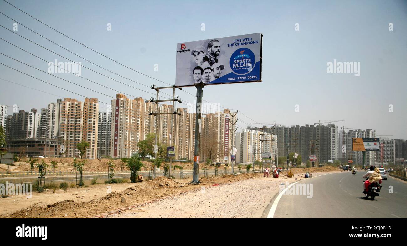 A view of a construction site of residential apartment in Greater Noida Delhi NCR, India. Stock Photo