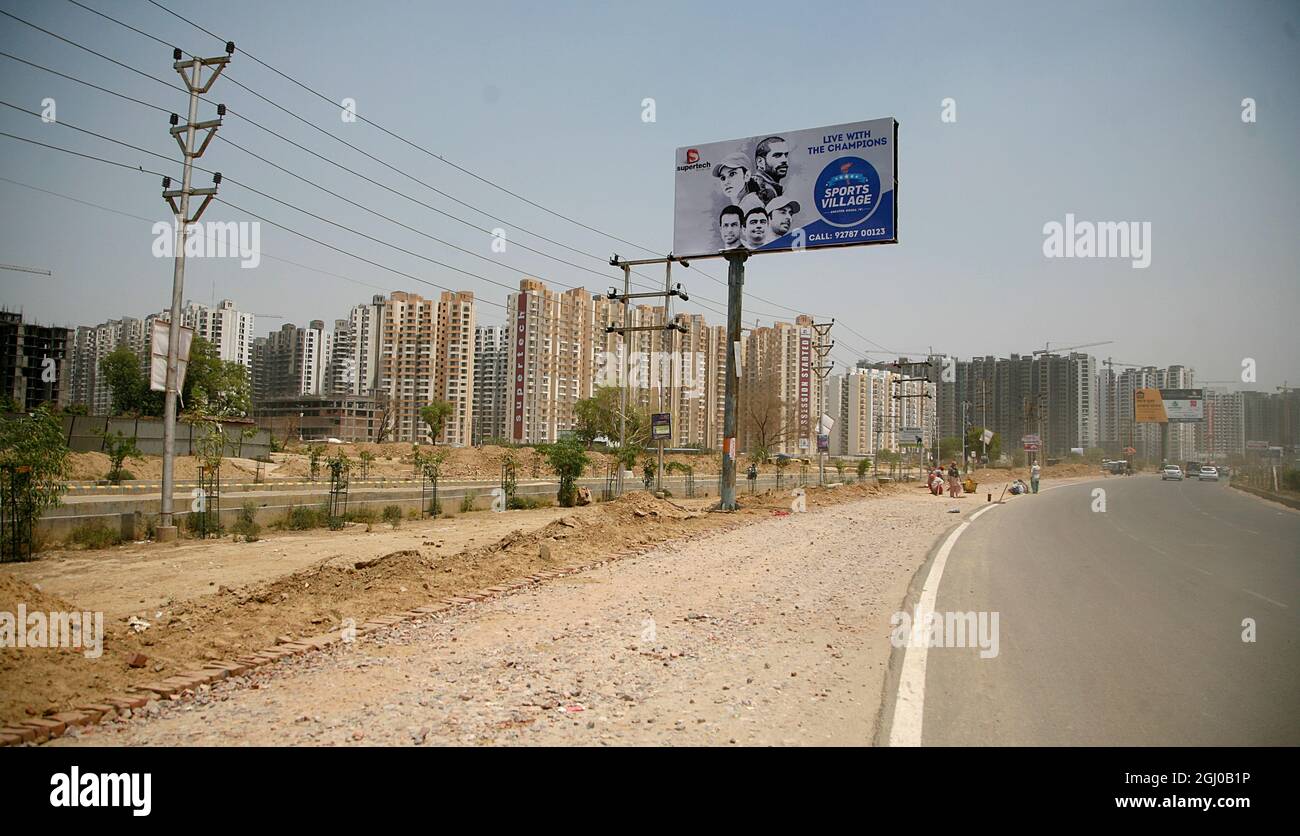 A view of a construction site of residential apartment in Greater Noida Delhi NCR, India. Stock Photo