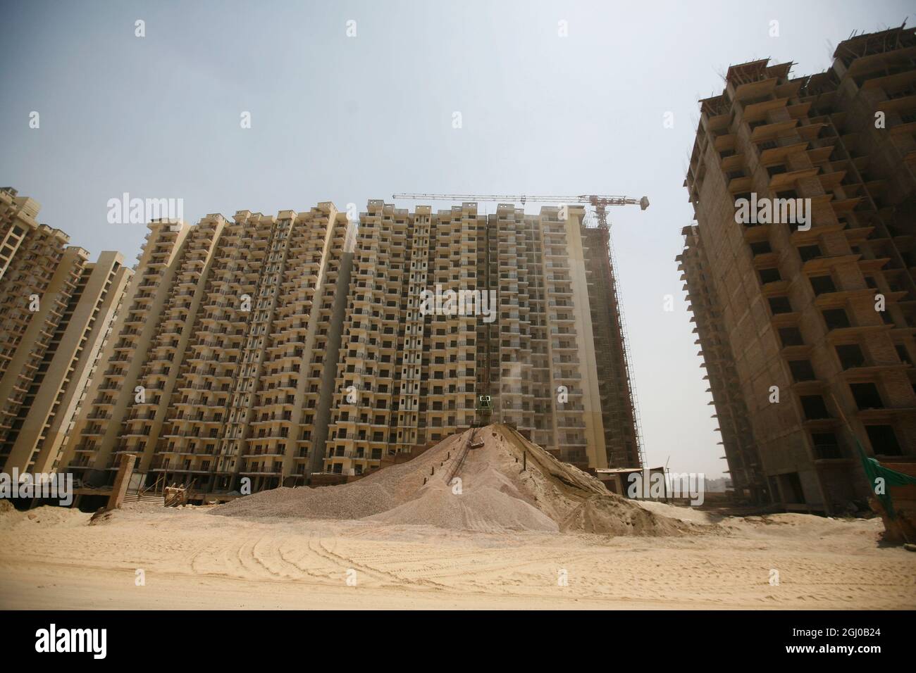 A view of a construction site of residential apartment in Greater Noida Delhi NCR, India. Stock Photo
