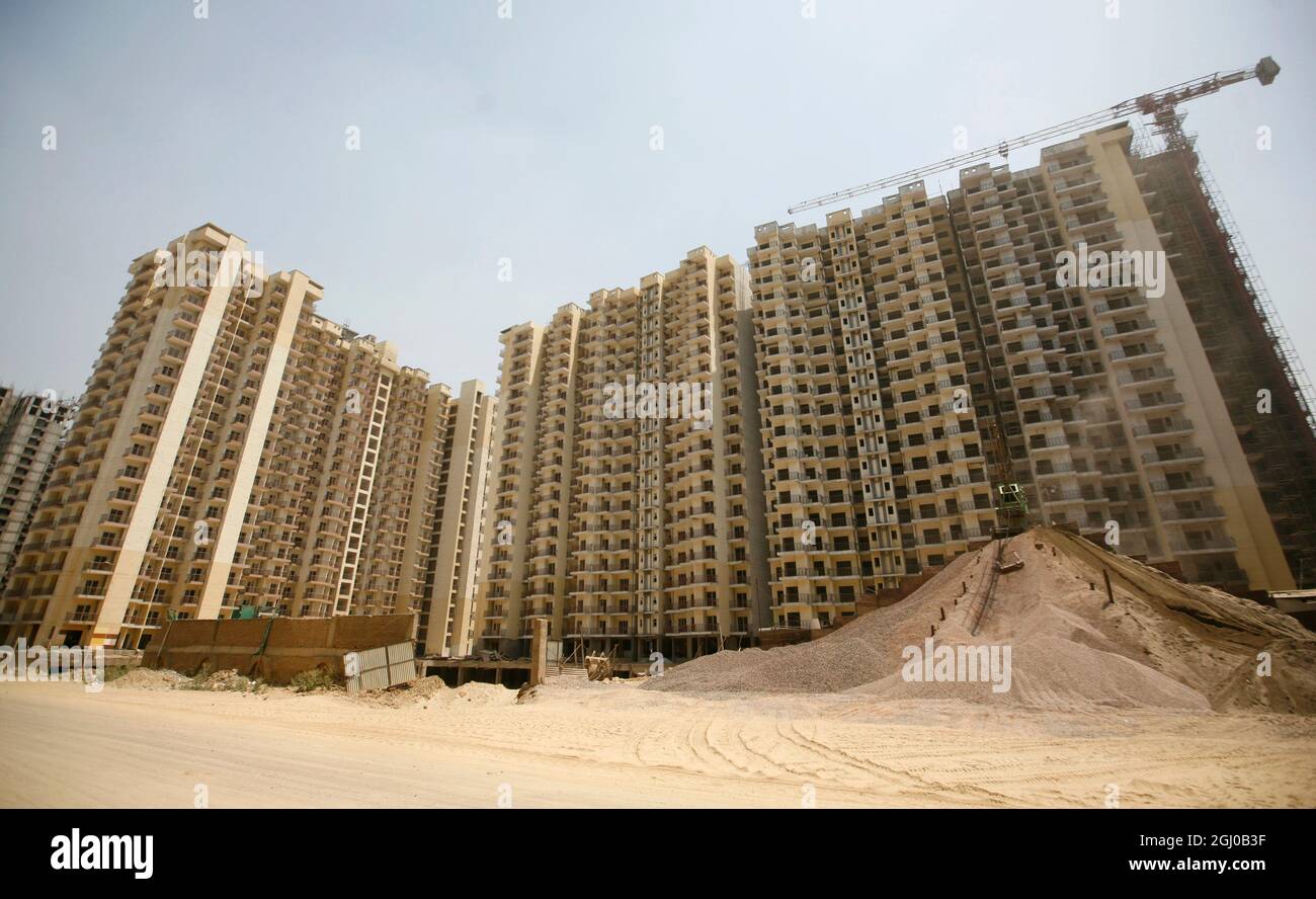 A view of a construction site of residential apartment in Greater Noida Delhi NCR, India. Stock Photo