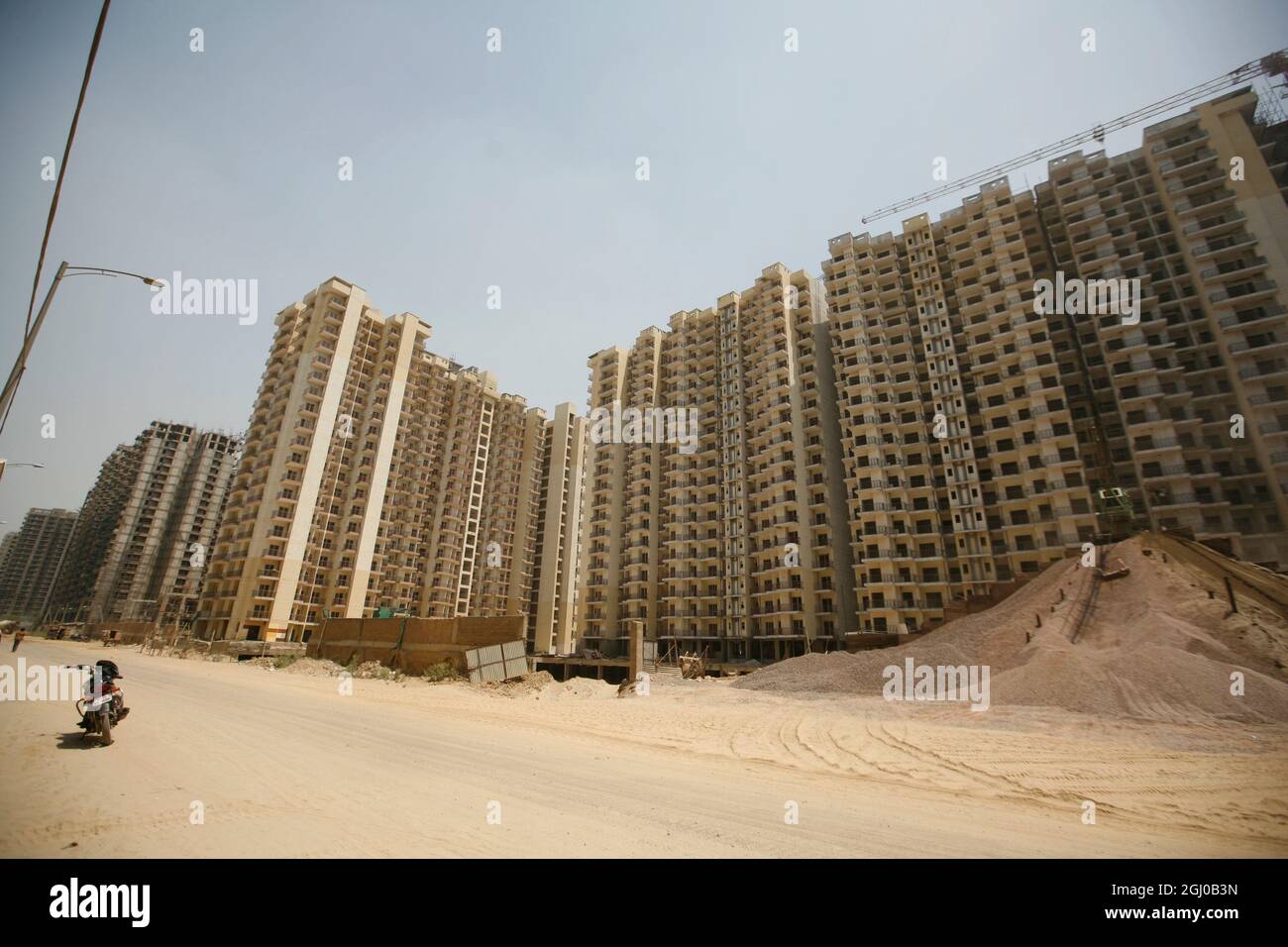 A view of a construction site of residential apartment in Greater Noida Delhi NCR, India. Stock Photo