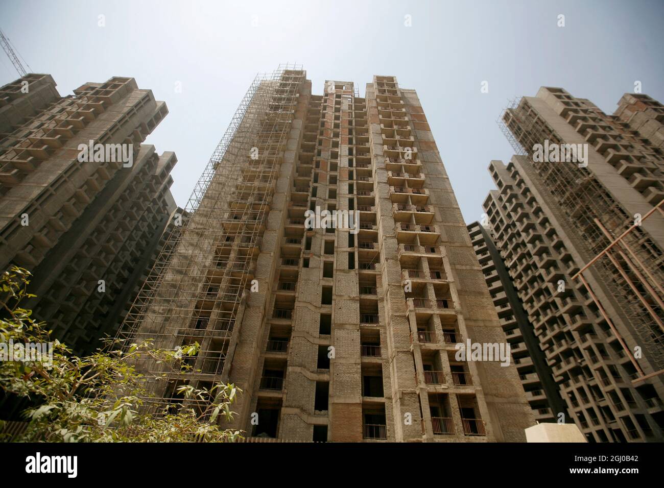 A view of a construction site of residential apartment in Greater Noida Delhi NCR, India. Stock Photo