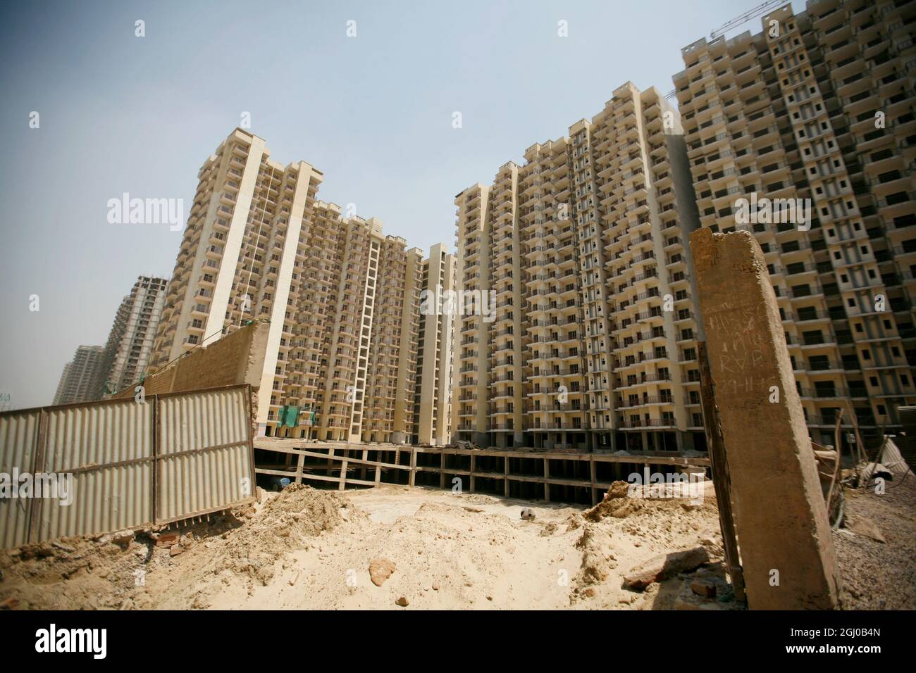 A view of a construction site of residential apartment in Greater Noida Delhi NCR, India. Stock Photo