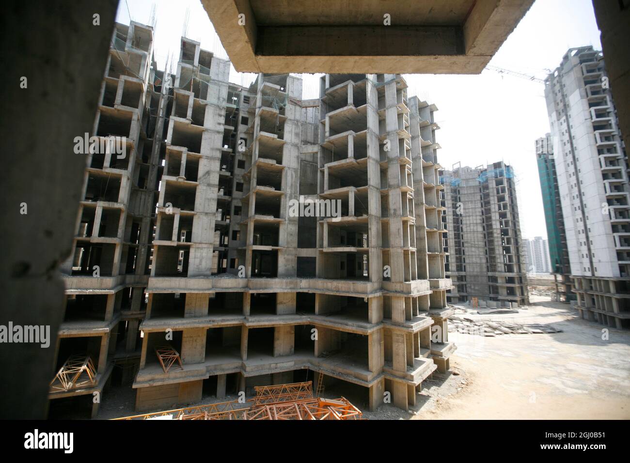 A view of a construction site of residential apartment in Greater Noida Delhi NCR, India. Stock Photo