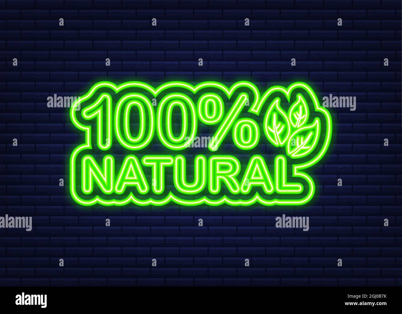 Green 100 natural in neon style. Vegetarian healthy food. Nature, ecology. Vector stock illustration. Stock Vector