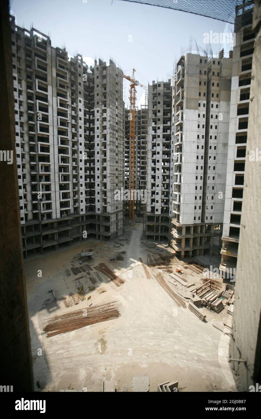 A view of a construction site of residential apartment in Greater Noida Delhi NCR, India. Stock Photo