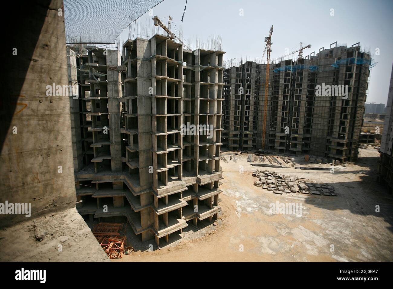 A view of a construction site of residential apartment in Greater Noida Delhi NCR, India. Stock Photo