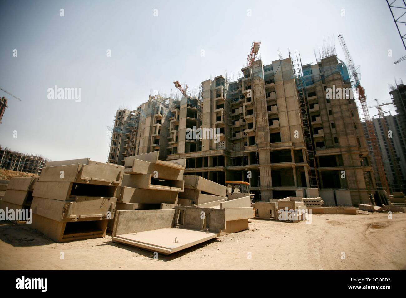 A view of a construction site of residential apartment in Greater Noida Delhi NCR, India. Stock Photo