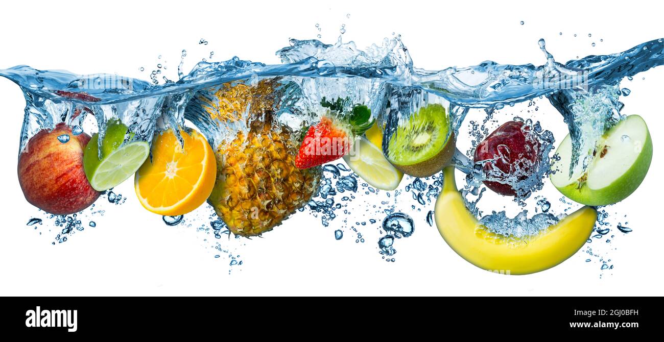 various fresh colorful tasty fruits splashing into cold water isolated on white background. food diet healthy eating freshness concept Stock Photo