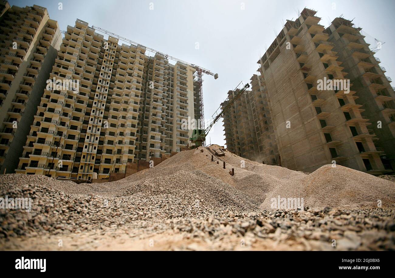 A view of a construction site of residential apartment in Greater Noida Delhi NCR, India. Stock Photo