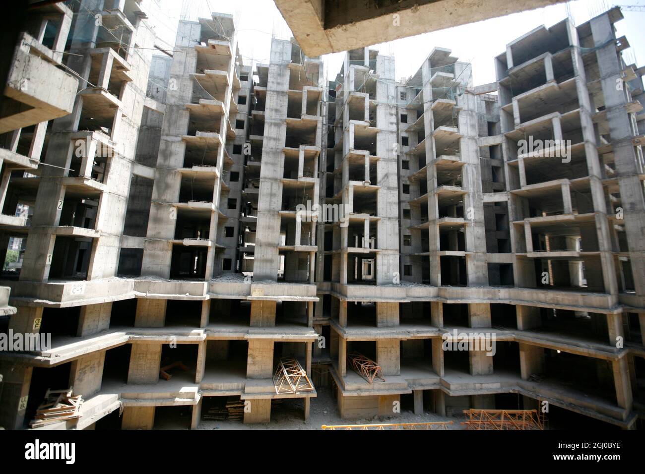 A view of a construction site of residential apartment in Greater Noida Delhi NCR, India. Stock Photo
