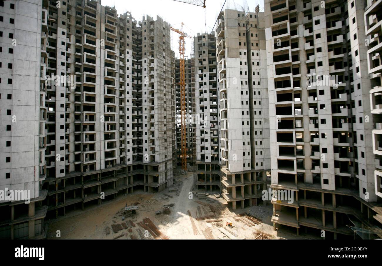 A view of a construction site of residential apartment in Greater Noida Delhi NCR, India. Stock Photo