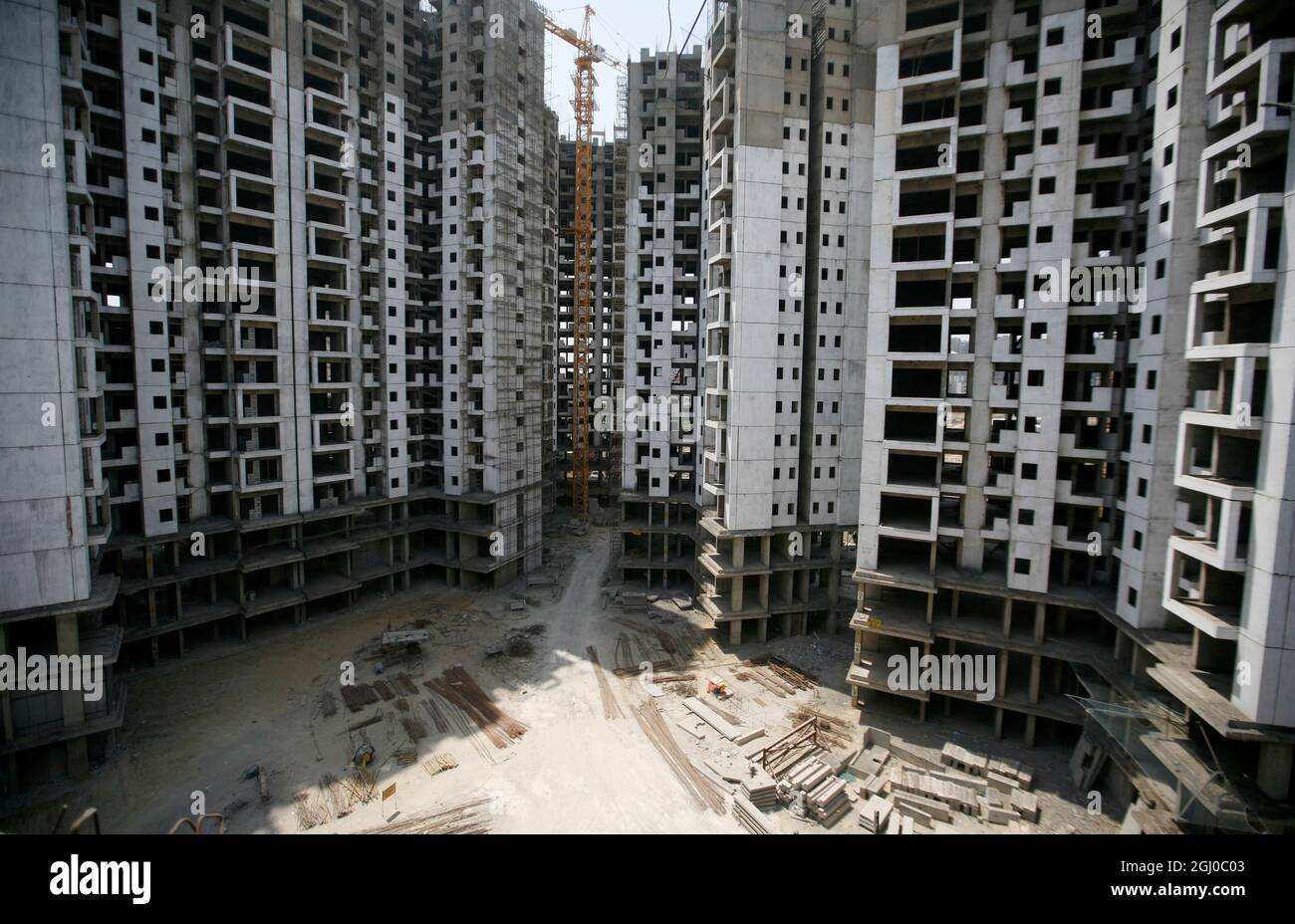 A view of a construction site of residential apartment in Greater Noida Delhi NCR, India. Stock Photo