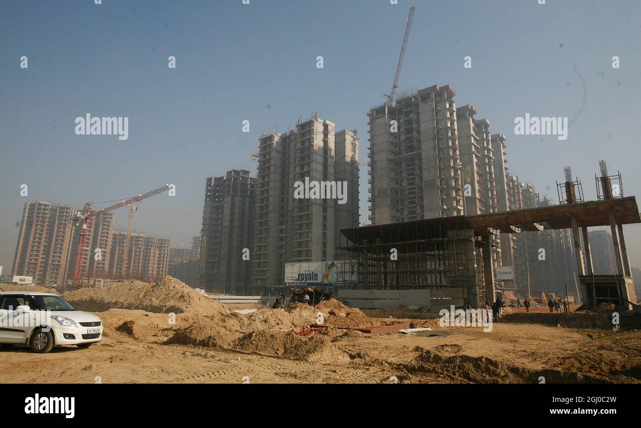 A view of a construction site of residential apartment in Greater Noida Delhi NCR, India. Stock Photo